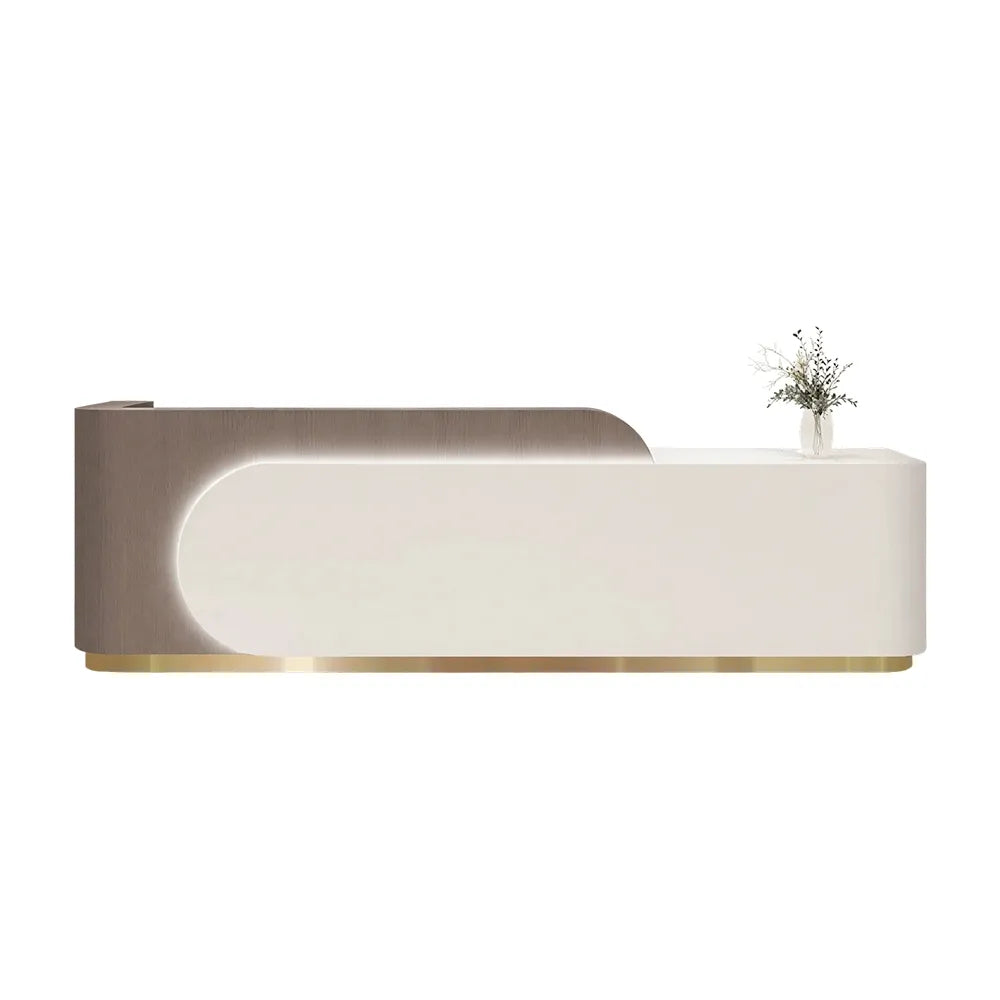 LUXORA 120/180cm Curved Reception Desk with Partitioned Storage for Salon & Spa - Brown Wood Grain & White & Stainless Steel Base