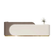 LUXORA 120/180cm Curved Reception Desk with Partitioned Storage for Salon & Spa - Brown Wood Grain & White & Stainless Steel Base
