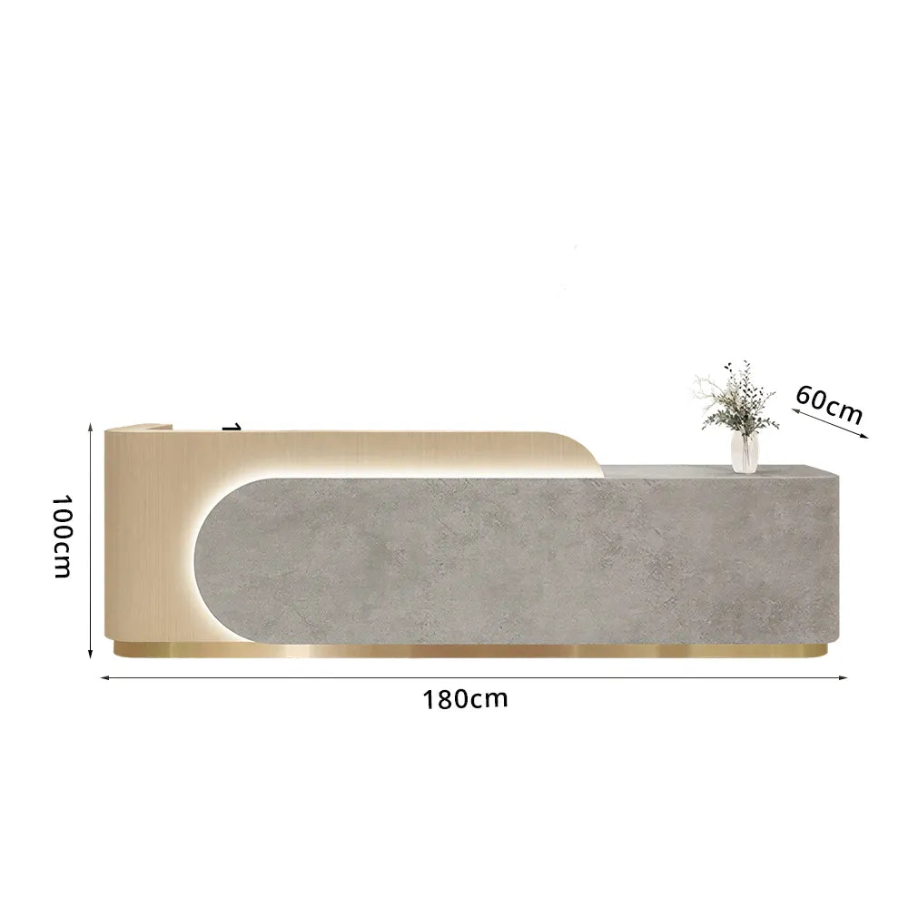 LUXORA 120/180cm Curved Reception Desk, Light Luxury Counter with Partitioned Storage for Salon & Spa - Light Wood & Grey & Stainless Steel Base