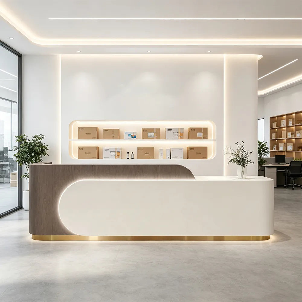 LUXORA 120/180cm Curved Reception Desk with Partitioned Storage for Salon & Spa - Brown Wood Grain & White & Stainless Steel Base