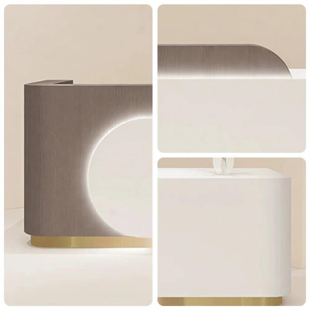 LUXORA 120/180cm Curved Reception Desk with Partitioned Storage for Salon & Spa - Brown Wood Grain & White & Stainless Steel Base