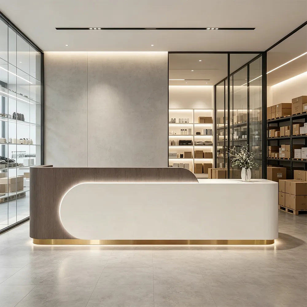 LUXORA 120/180cm Curved Reception Desk with Partitioned Storage for Salon & Spa - Brown Wood Grain & White & Stainless Steel Base
