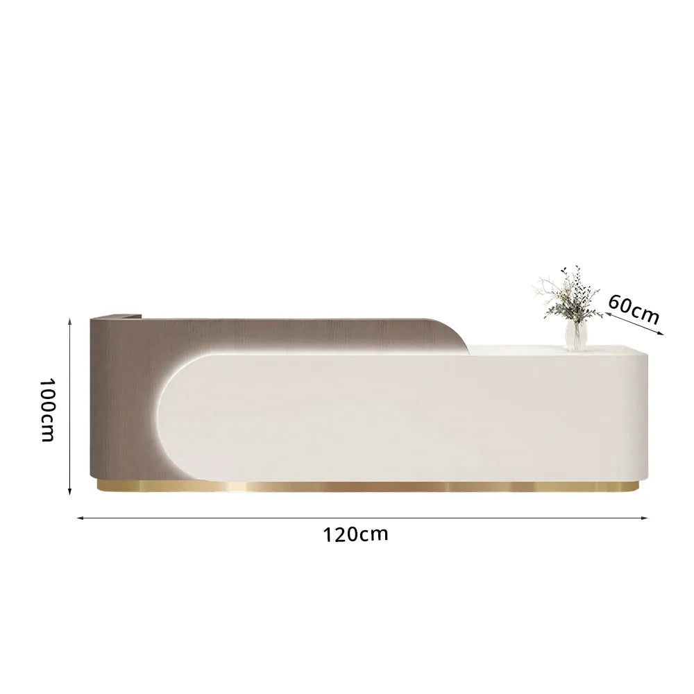 LUXORA 120/180cm Curved Reception Desk with Partitioned Storage for Salon & Spa - Brown Wood Grain & White & Stainless Steel Base