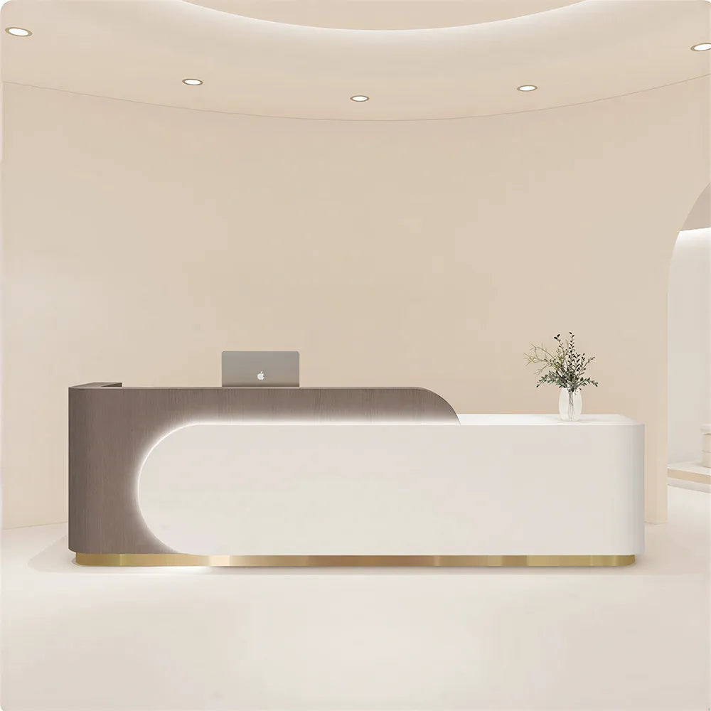 LUXORA 120/180cm Curved Reception Desk with Partitioned Storage for Salon & Spa - Brown Wood Grain & White & Stainless Steel Base