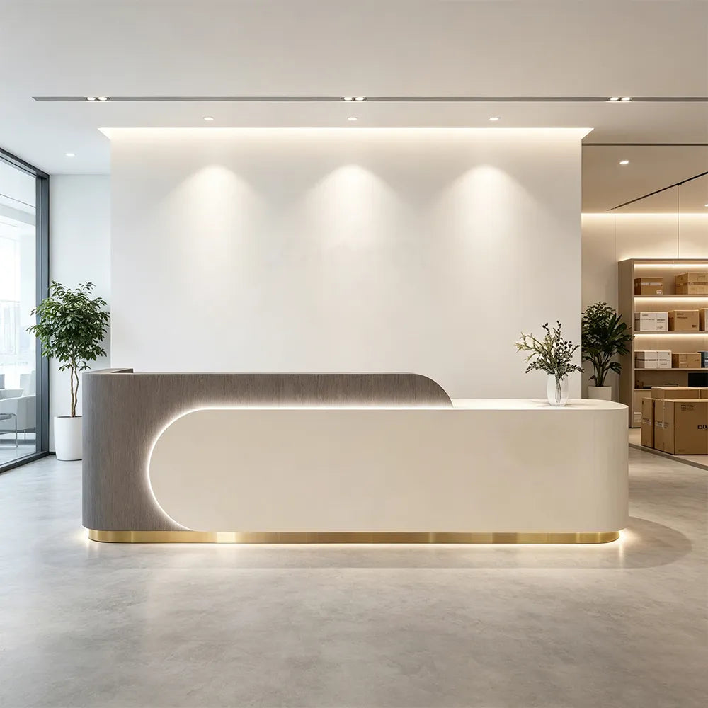 LUXORA 120/180cm Curved Reception Desk with Partitioned Storage for Salon & Spa - Brown Wood Grain & Beige & Stainless Steel Base
