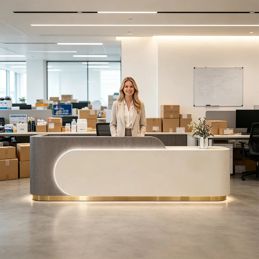 LUXORA 120/180cm Curved Reception Desk with Partitioned Storage for Salon & Spa - Brown Wood Grain & Beige & Stainless Steel Base
