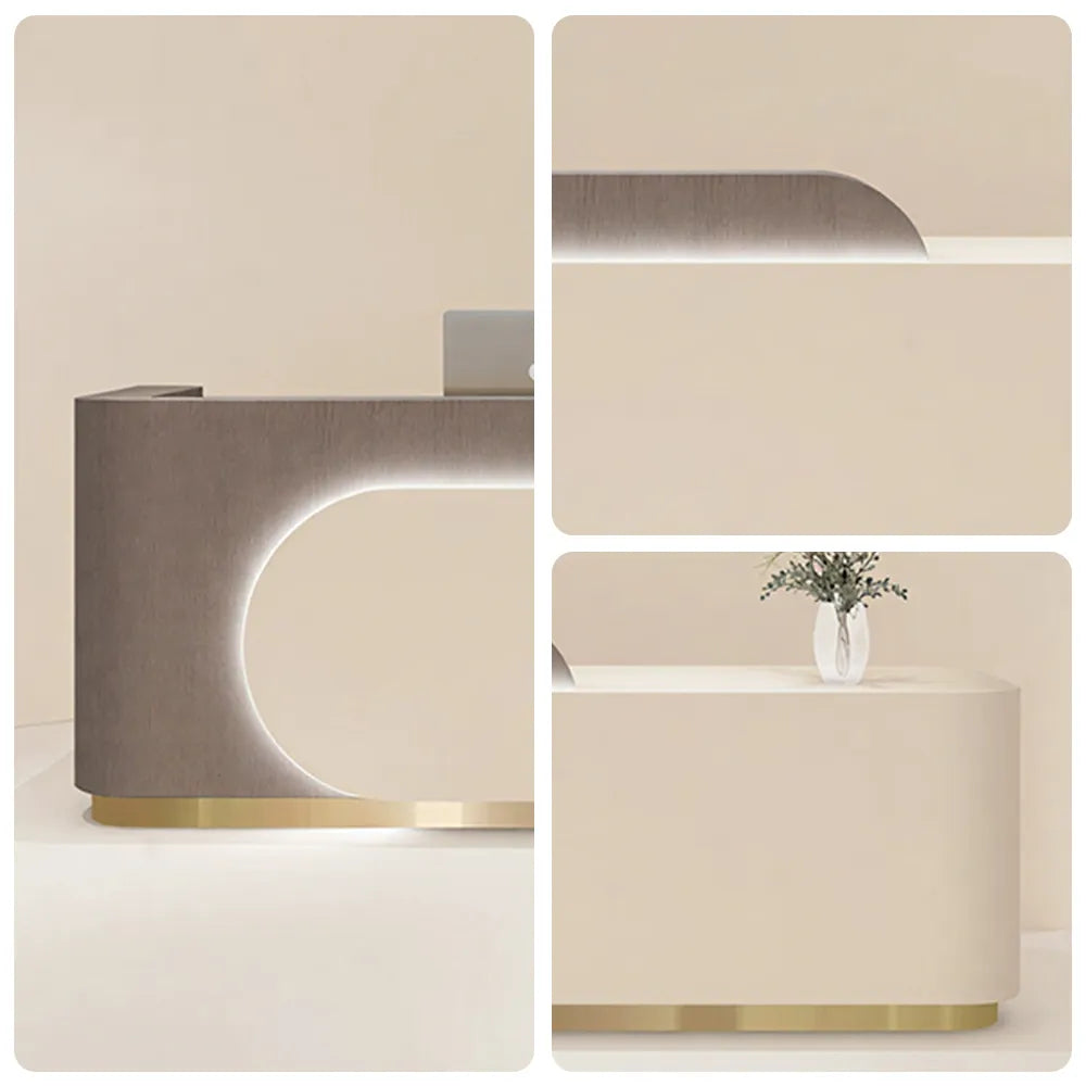 LUXORA 120/180cm Curved Reception Desk with Partitioned Storage for Salon & Spa - Brown Wood Grain & Beige & Stainless Steel Base