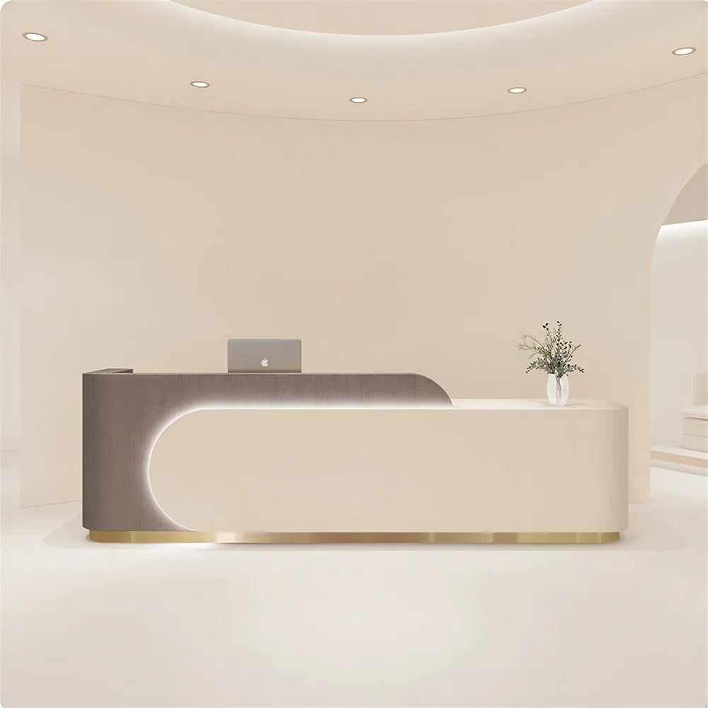 LUXORA 120/180cm Curved Reception Desk with Partitioned Storage for Salon & Spa - Brown Wood Grain & Beige & Stainless Steel Base