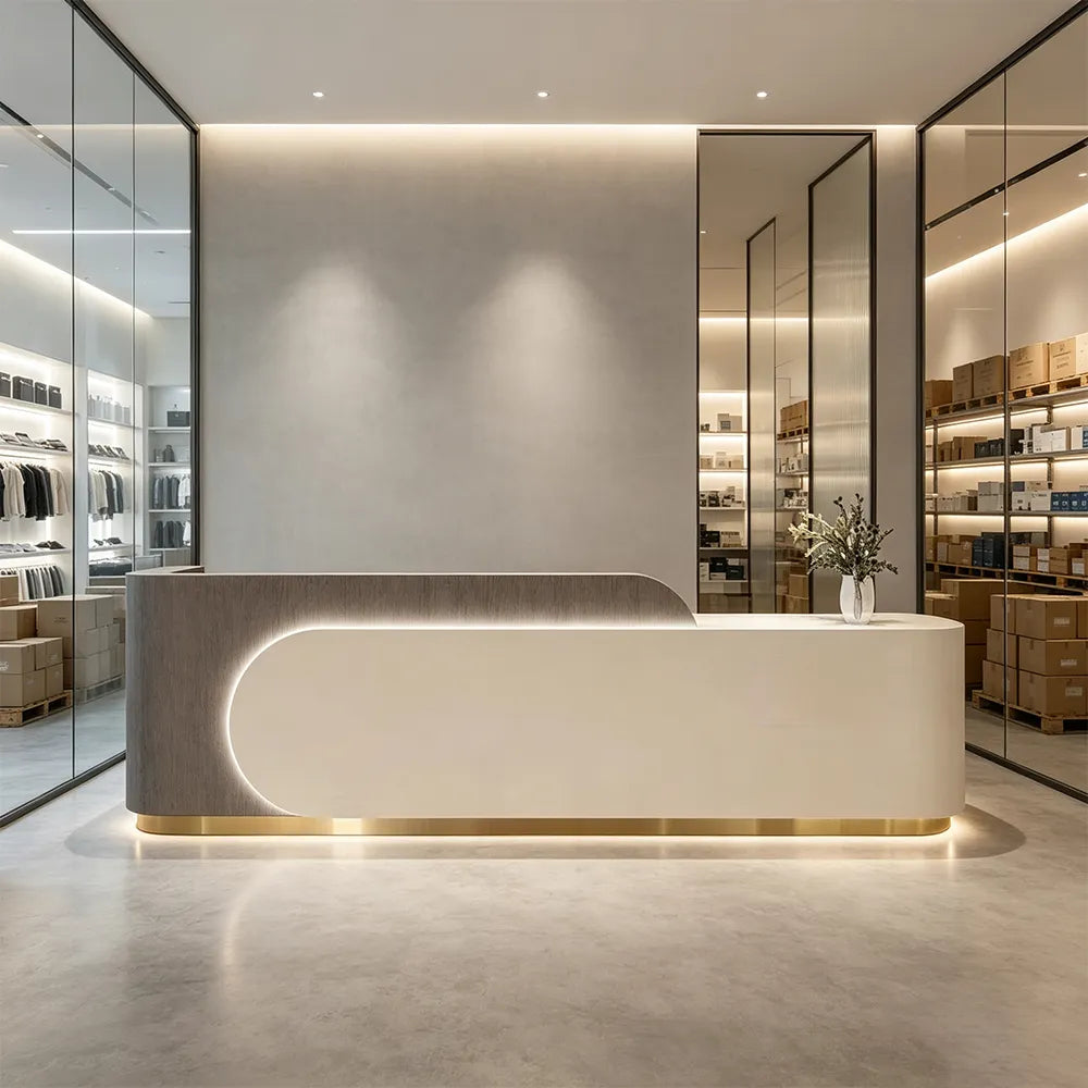 LUXORA 120/180cm Curved Reception Desk with Partitioned Storage for Salon & Spa - Brown Wood Grain & Beige & Stainless Steel Base