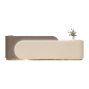 LUXORA 120/180cm Curved Reception Desk with Partitioned Storage for Salon & Spa - Brown Wood Grain & Beige & Stainless Steel Base