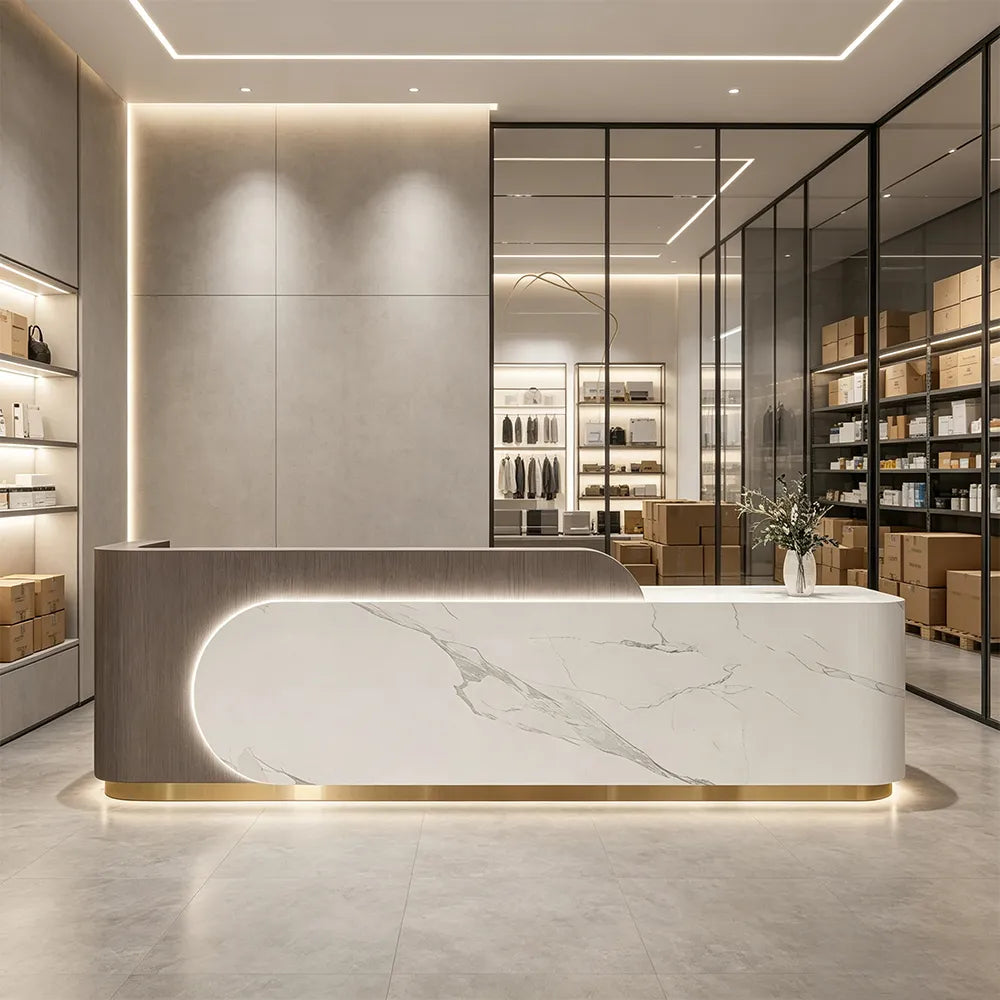 LUXORA 120/180cm Curved Reception Desk with Partitioned Storage for Salon & Spa - Brown Wood Grain & White & Stainless Steel Base