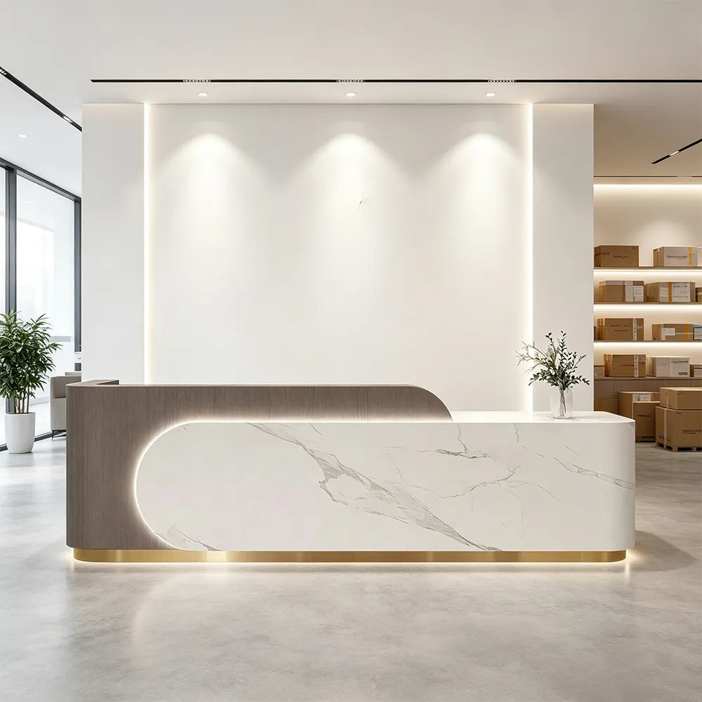 LUXORA 120/180cm Curved Reception Desk with Partitioned Storage for Salon & Spa - Brown Wood Grain & White & Stainless Steel Base