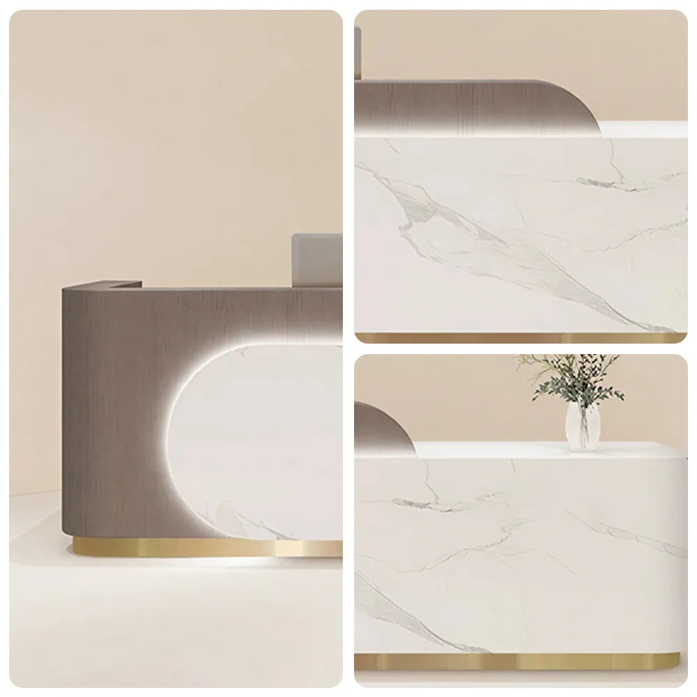 LUXORA 120/180cm Curved Reception Desk with Partitioned Storage for Salon & Spa - Brown Wood Grain & White & Stainless Steel Base