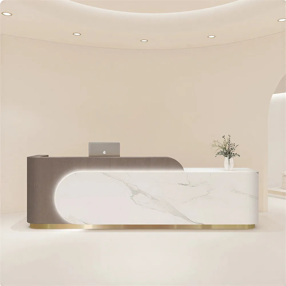 LUXORA 120/180cm Curved Reception Desk with Partitioned Storage for Salon & Spa - Brown Wood Grain & White & Stainless Steel Base