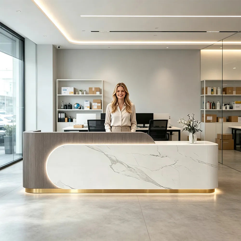 LUXORA 120/180cm Curved Reception Desk with Partitioned Storage for Salon & Spa - Brown Wood Grain & White & Stainless Steel Base