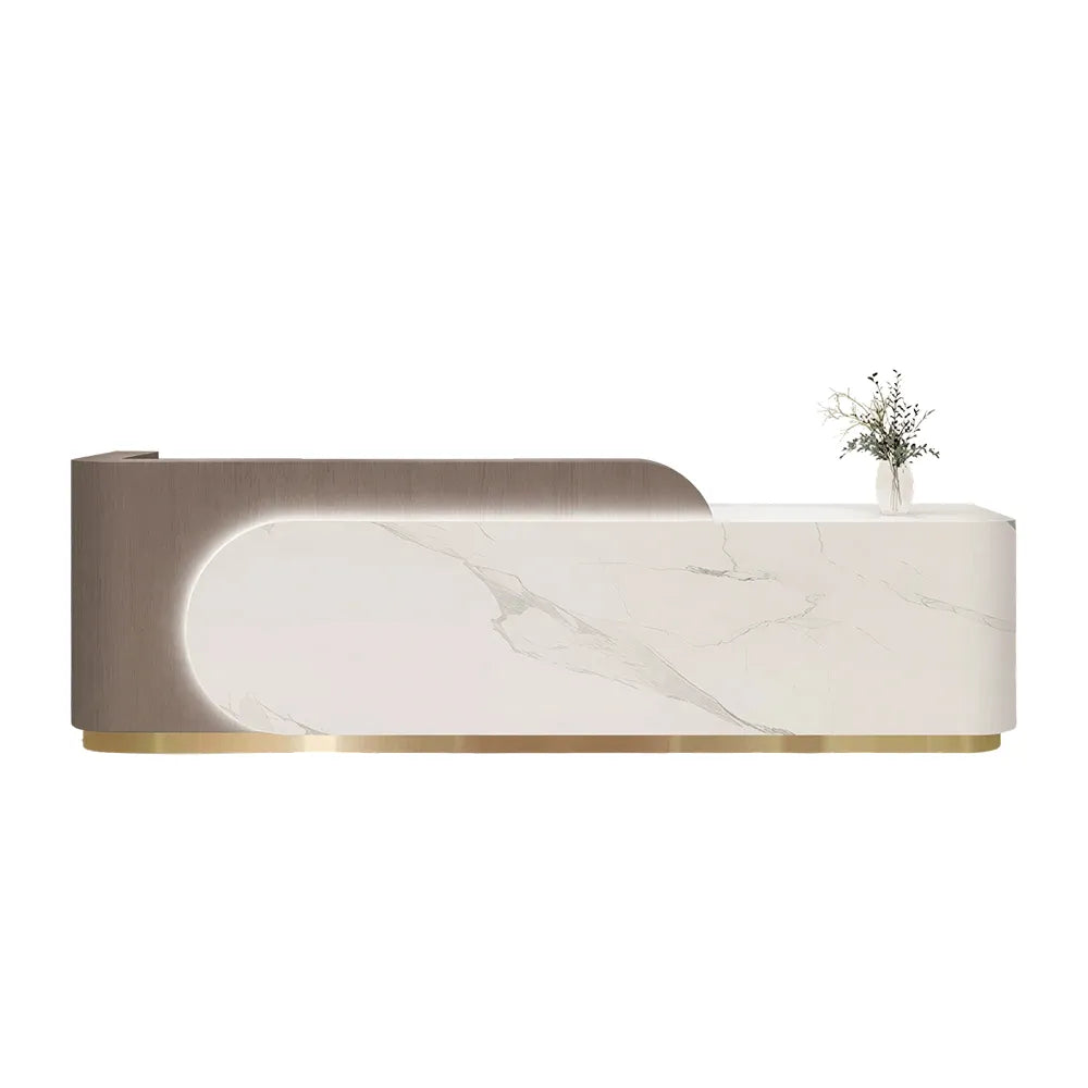 LUXORA 120/180cm Curved Reception Desk with Partitioned Storage for Salon & Spa - Brown Wood Grain & White & Stainless Steel Base