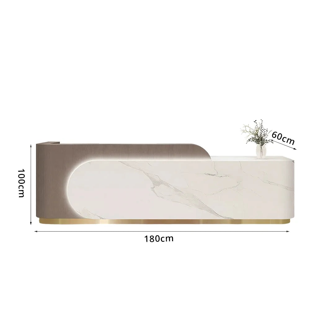 LUXORA 120/180cm Curved Reception Desk with Partitioned Storage for Salon & Spa - Brown Wood Grain & White & Stainless Steel Base