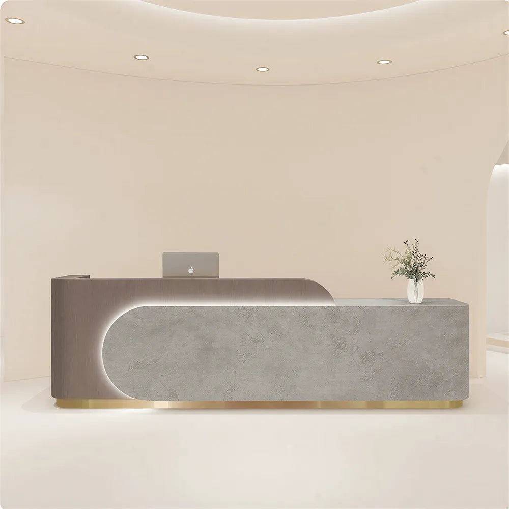 LUXORA 120/180cm Curved Reception Desk with Partitioned Storage for Salon & Spa - Coffee Wood Grain & Grey & Stainless Steel Base