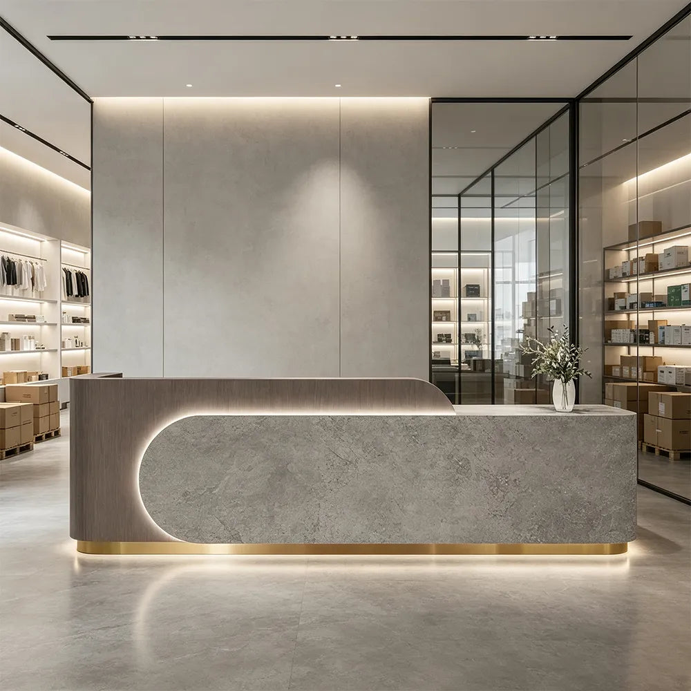 LUXORA 120/180cm Curved Reception Desk with Partitioned Storage for Salon & Spa - Coffee Wood Grain & Grey & Stainless Steel Base