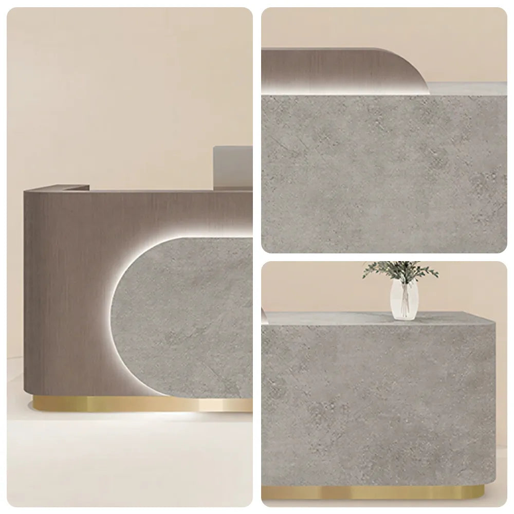 LUXORA 120/180cm Curved Reception Desk with Partitioned Storage for Salon & Spa - Coffee Wood Grain & Grey & Stainless Steel Base