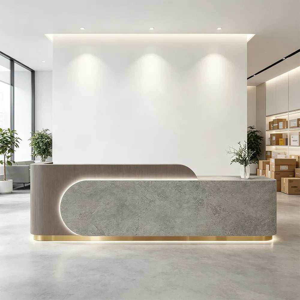 LUXORA 120/180cm Curved Reception Desk with Partitioned Storage for Salon & Spa - Coffee Wood Grain & Grey & Stainless Steel Base
