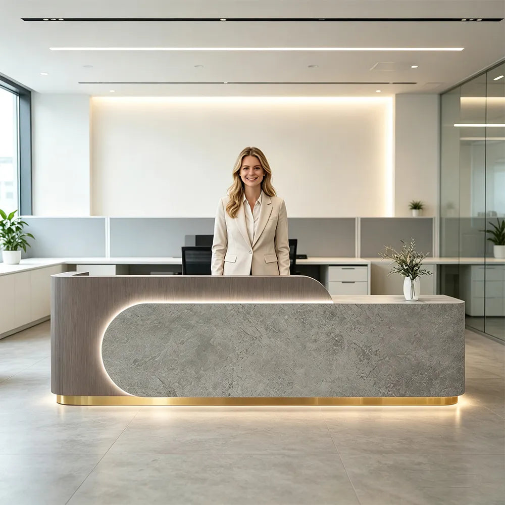 LUXORA 120/180cm Curved Reception Desk with Partitioned Storage for Salon & Spa - Coffee Wood Grain & Grey & Stainless Steel Base