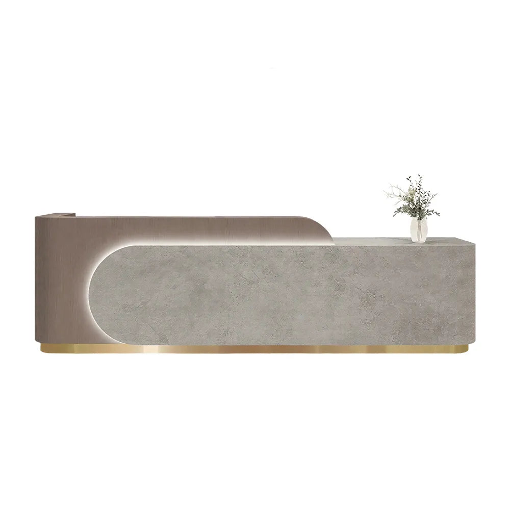 LUXORA 120/180cm Curved Reception Desk with Partitioned Storage for Salon & Spa - Coffee Wood Grain & Grey & Stainless Steel Base