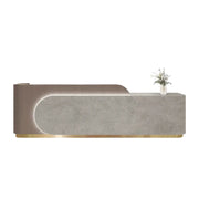 LUXORA 120/180cm Curved Reception Desk with Partitioned Storage for Salon & Spa - Coffee Wood Grain & Grey & Stainless Steel Base