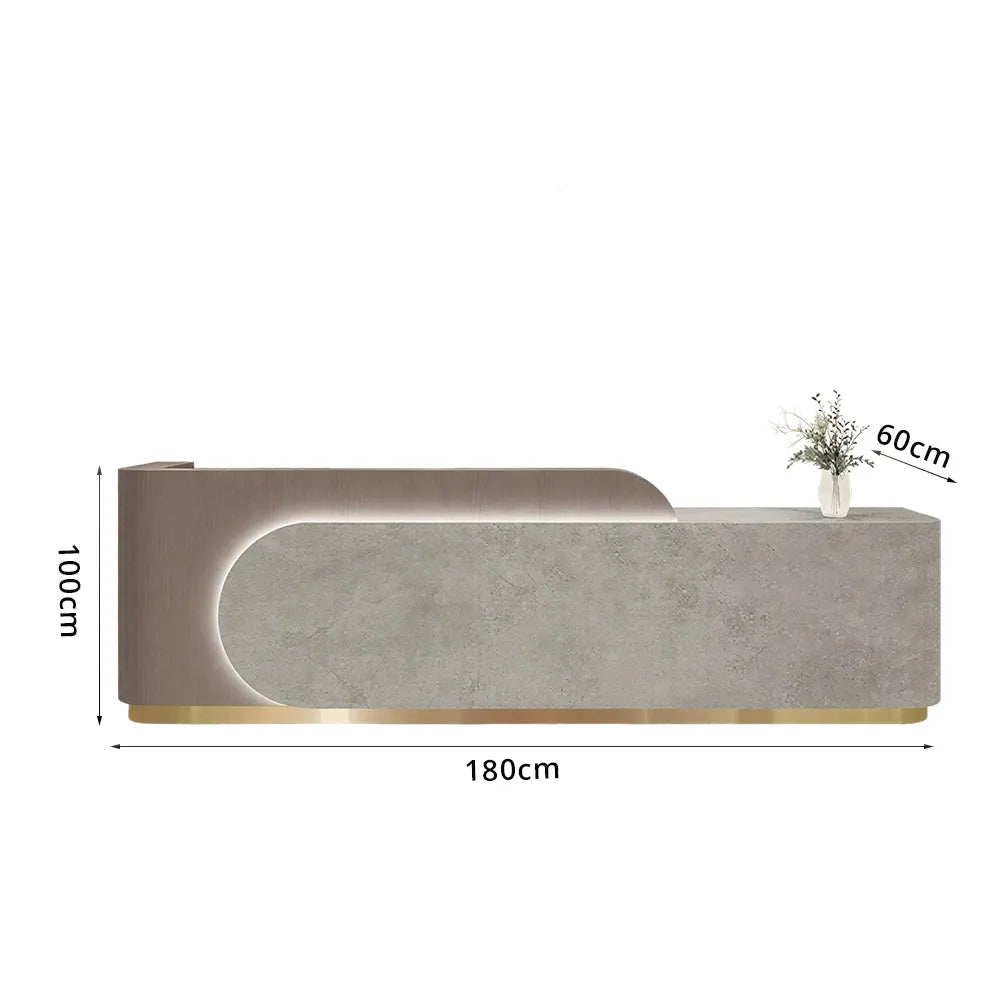 LUXORA 120/180cm Curved Reception Desk with Partitioned Storage for Salon & Spa - Coffee Wood Grain & Grey & Stainless Steel Base
