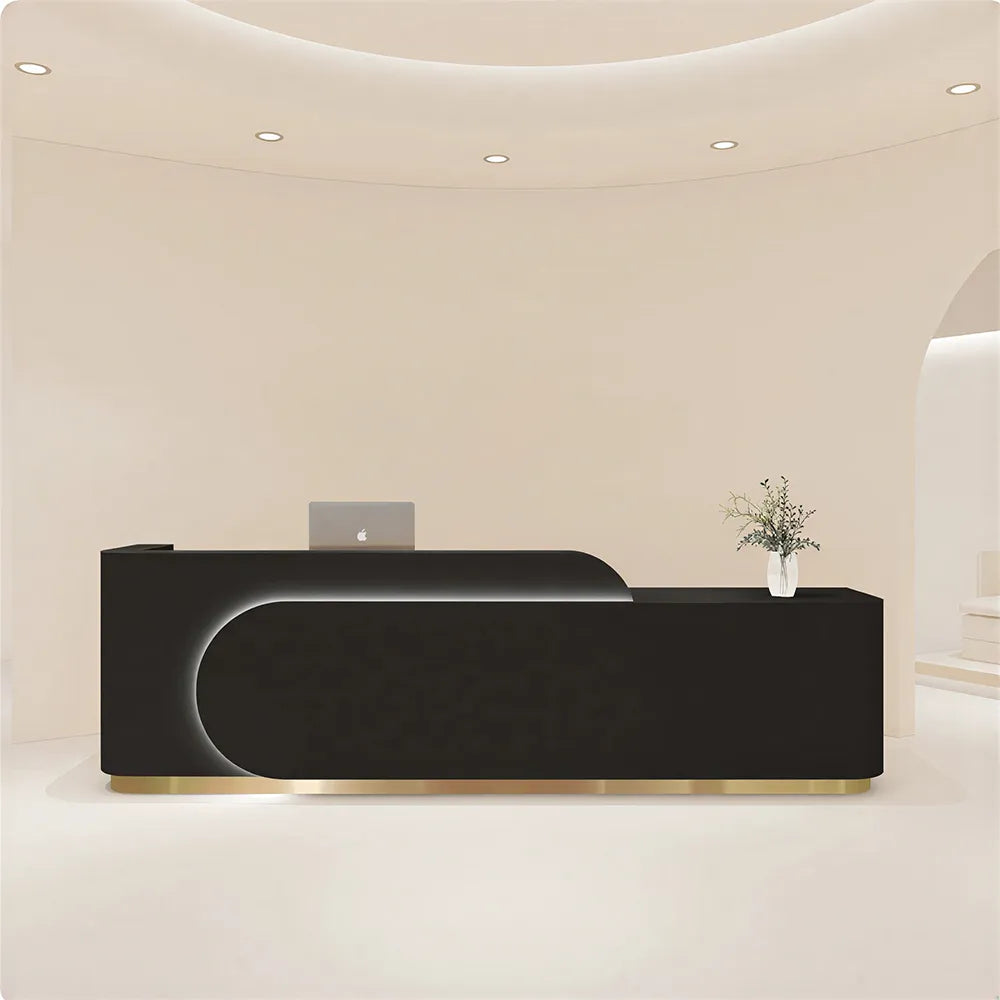 LUXORA 120/180cm Curved Reception Desk with Partitioned Storage for Salon & Spa - Black & Stainless Steel Base