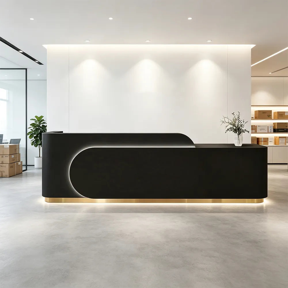 LUXORA 120/180cm Curved Reception Desk with Partitioned Storage for Salon & Spa - Black & Stainless Steel Base