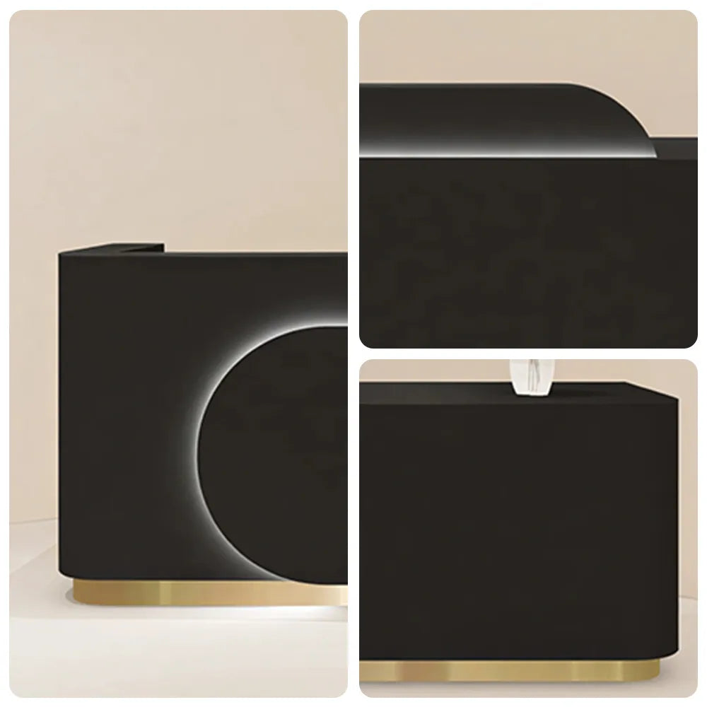 LUXORA 120/180cm Curved Reception Desk with Partitioned Storage for Salon & Spa - Black & Stainless Steel Base