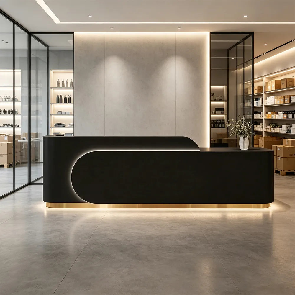LUXORA 120/180cm Curved Reception Desk with Partitioned Storage for Salon & Spa - Black & Stainless Steel Base