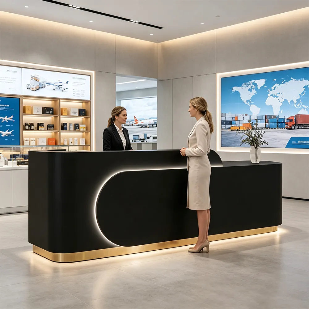 LUXORA 120/180cm Curved Reception Desk with Partitioned Storage for Salon & Spa - Black & Stainless Steel Base