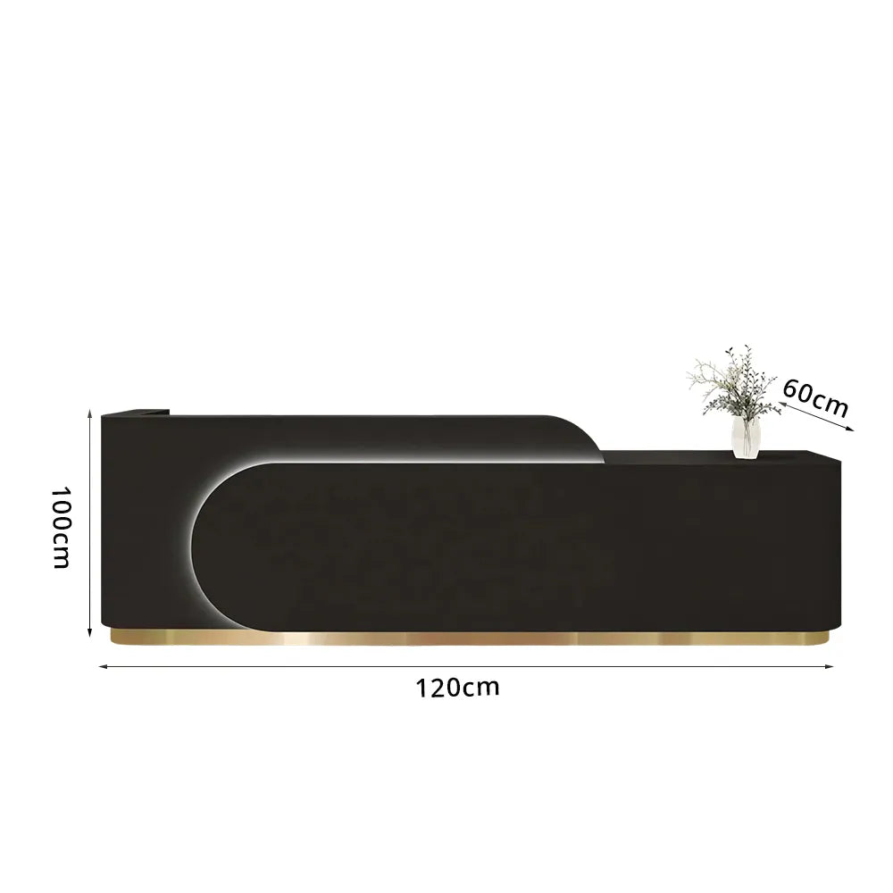 LUXORA 120/180cm Curved Reception Desk with Partitioned Storage for Salon & Spa - Black & Stainless Steel Base
