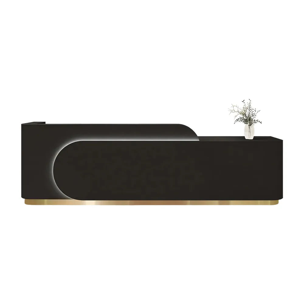 LUXORA 120/180cm Curved Reception Desk with Partitioned Storage for Salon & Spa - Black & Stainless Steel Base