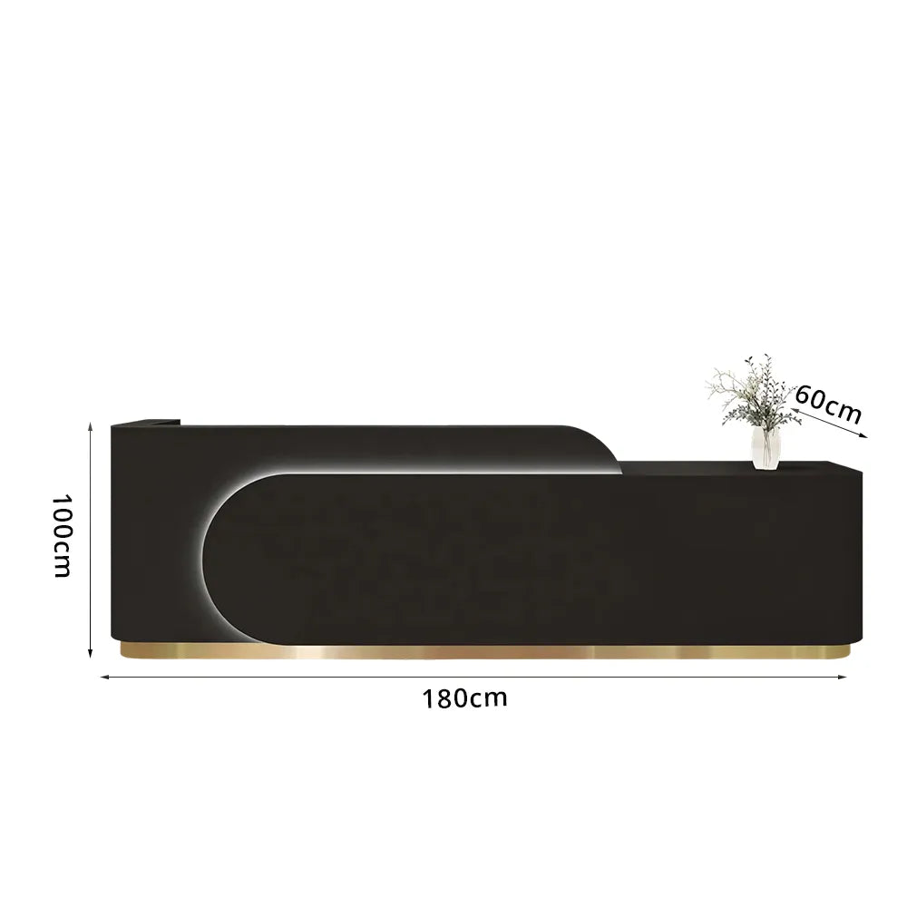 LUXORA 120/180cm Curved Reception Desk with Partitioned Storage for Salon & Spa - Black & Stainless Steel Base