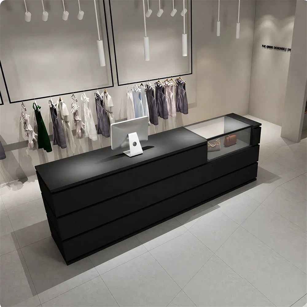 LUXORA 120/180cm Reception Counter with Tempered Glass Display & Storage for Retail Stores - Black