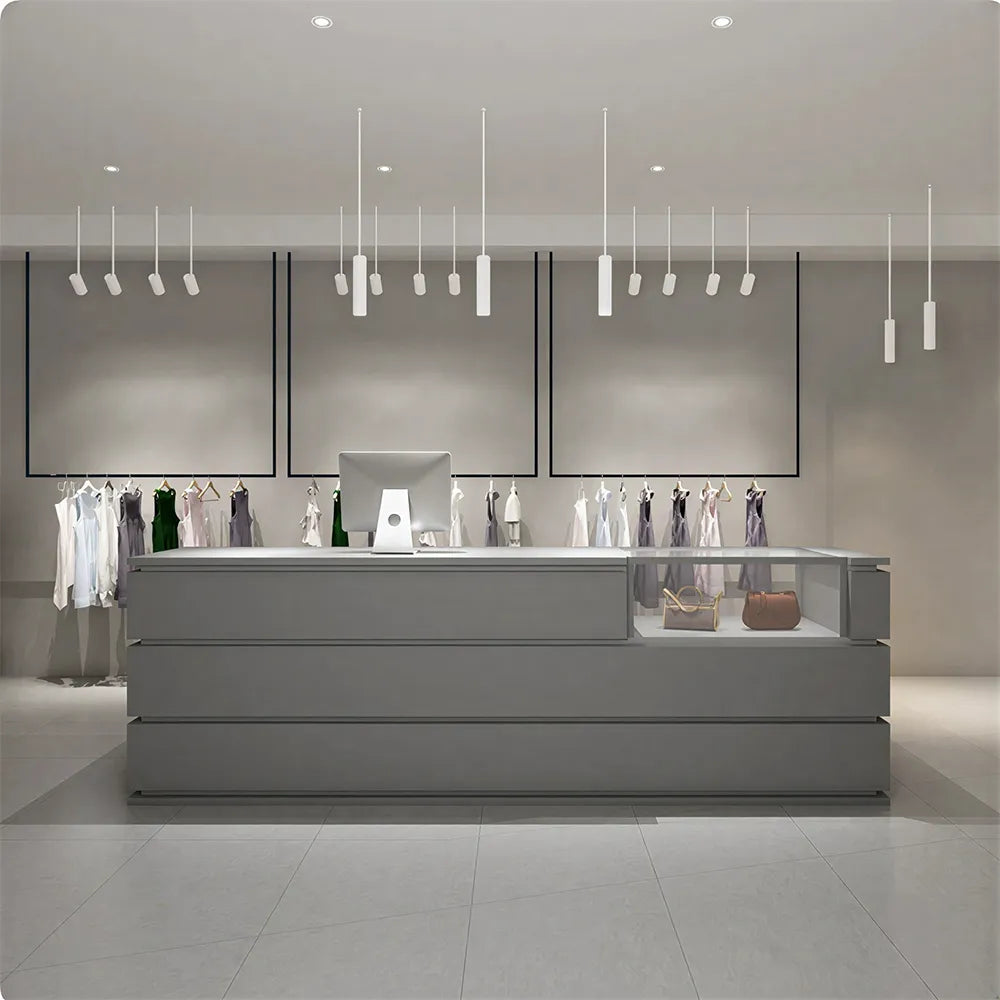 LUXORA 120/180cm Reception Counter with Tempered Glass Display & Storage for Retail Stores - Grey