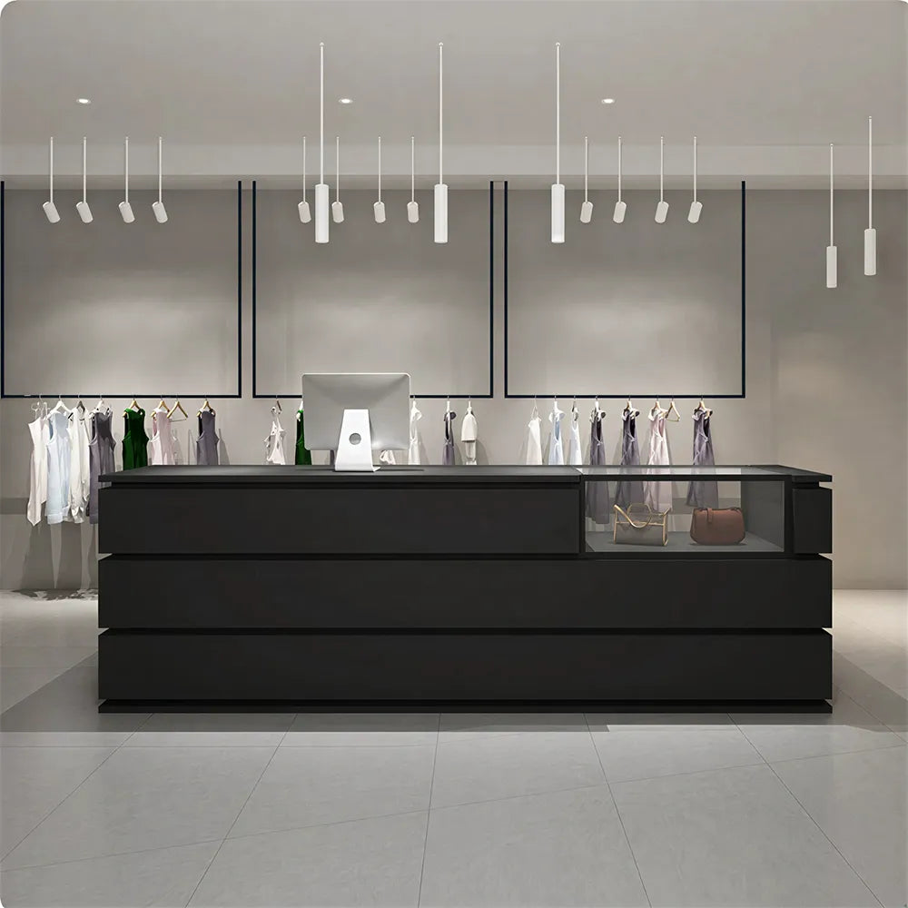 LUXORA 120/180cm Reception Counter with Tempered Glass Display & Storage for Retail Stores - Black