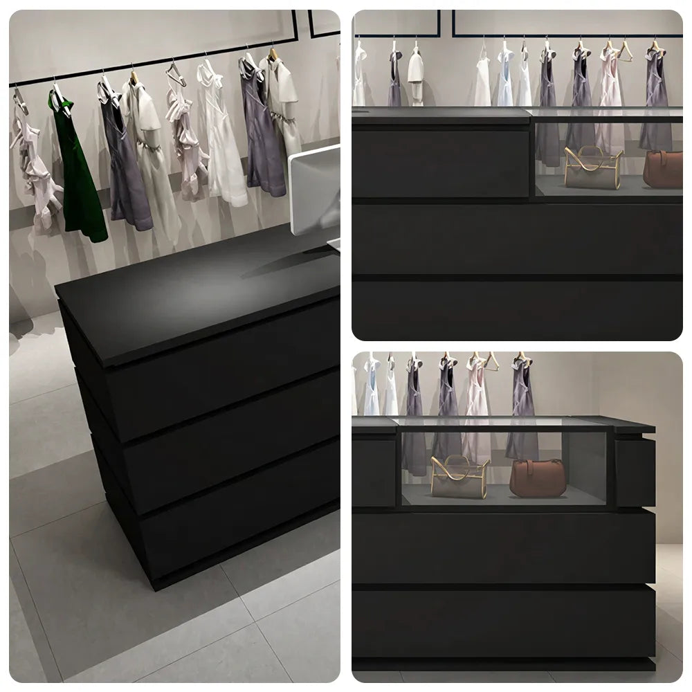 LUXORA 120/180cm Reception Counter with Tempered Glass Display & Storage for Retail Stores - Black