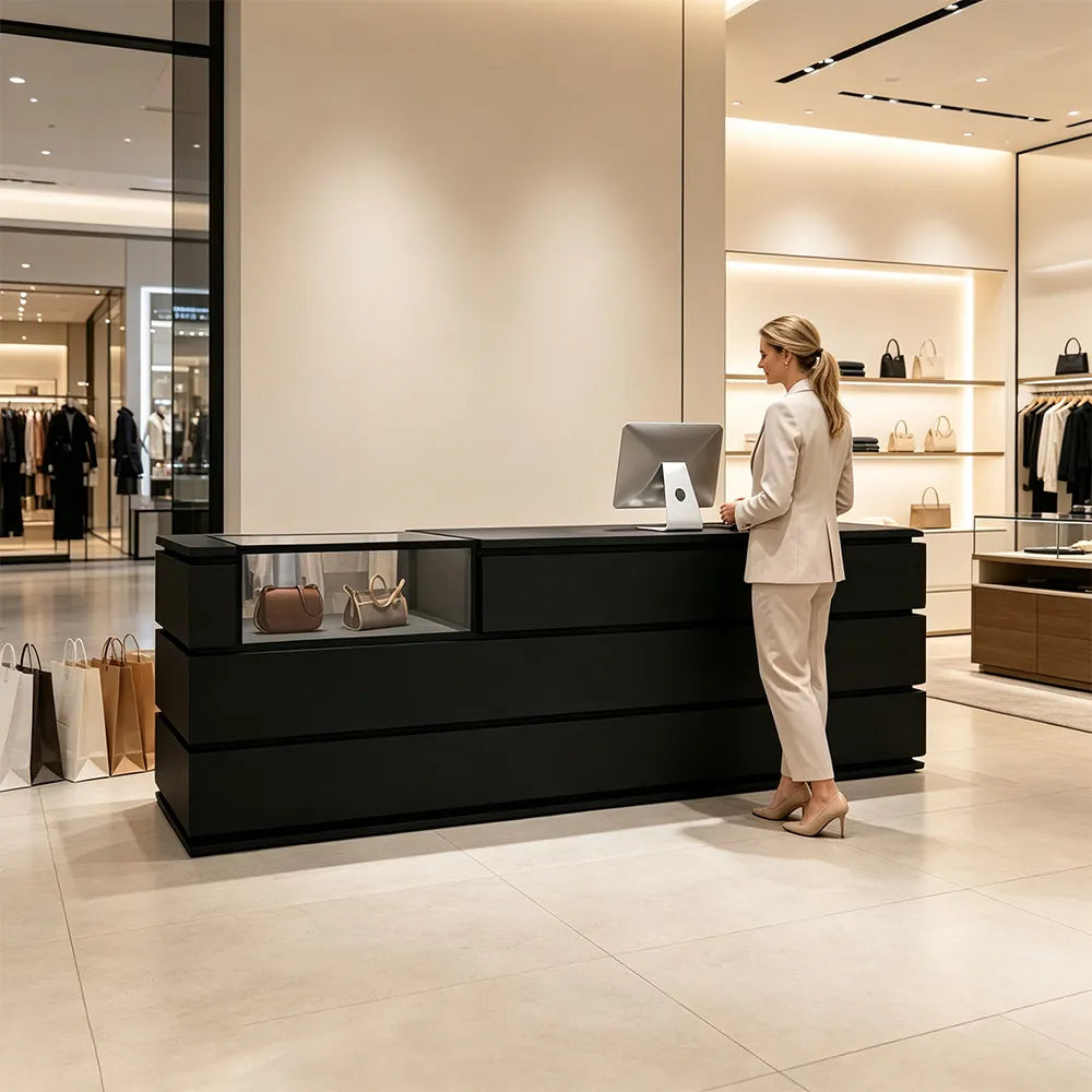 LUXORA 120/180cm Reception Counter with Tempered Glass Display & Storage for Retail Stores - Black