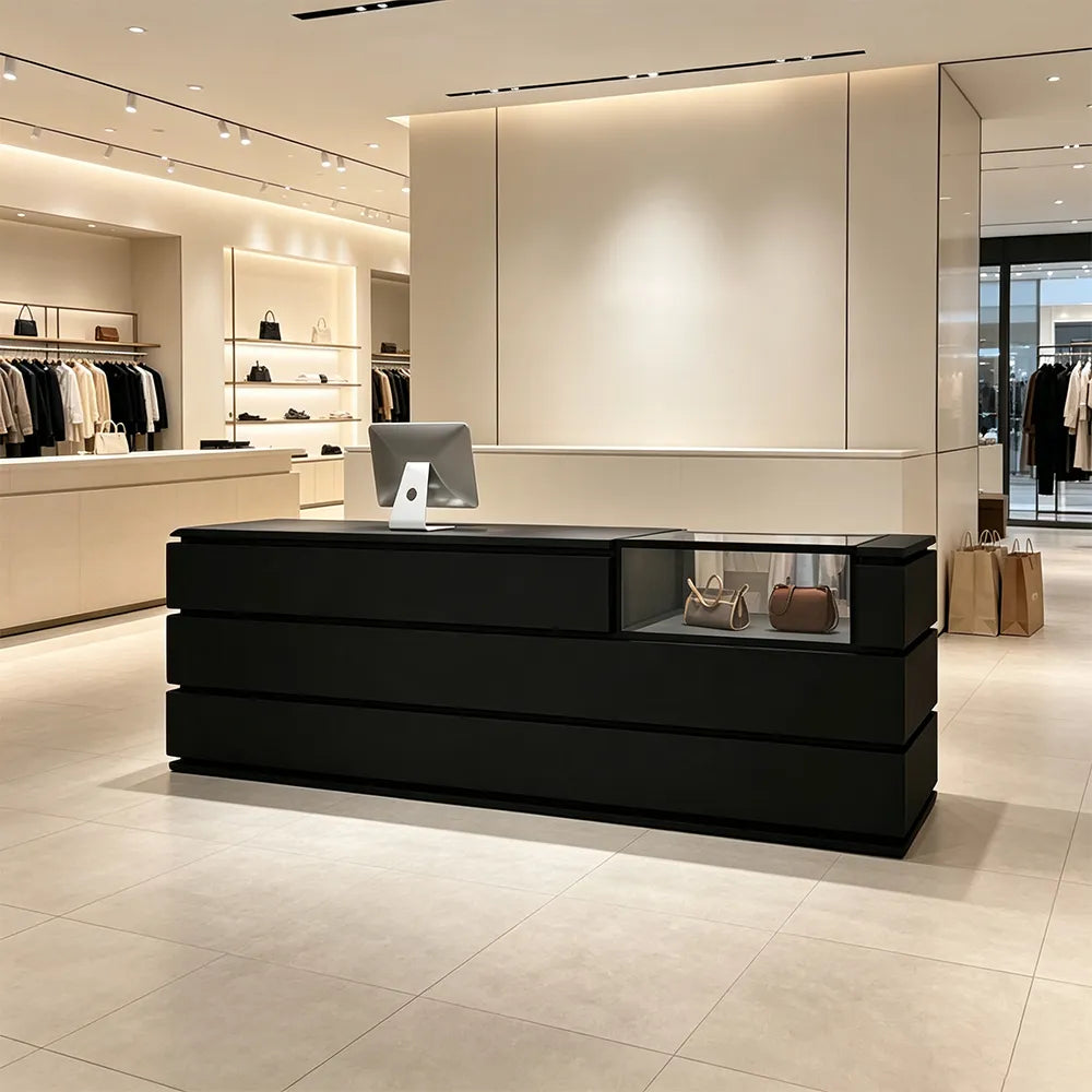 LUXORA 120/180cm Reception Counter with Tempered Glass Display & Storage for Retail Stores - Black