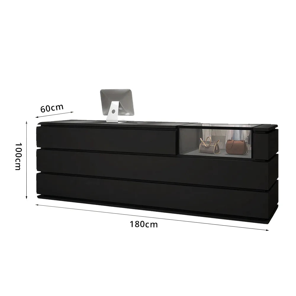 LUXORA 120/180cm Reception Counter with Tempered Glass Display & Storage for Retail Stores - Black