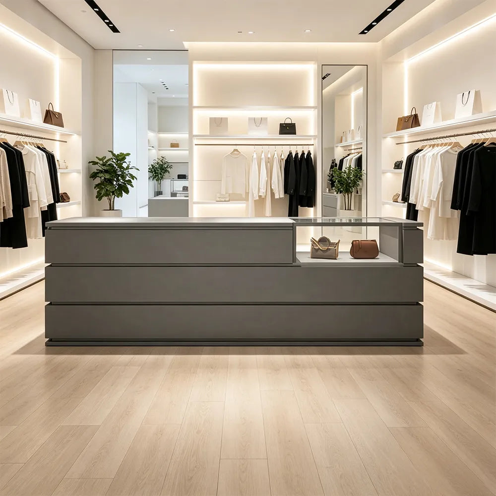 LUXORA 120/180cm Reception Counter with Tempered Glass Display & Storage for Retail Stores - Grey