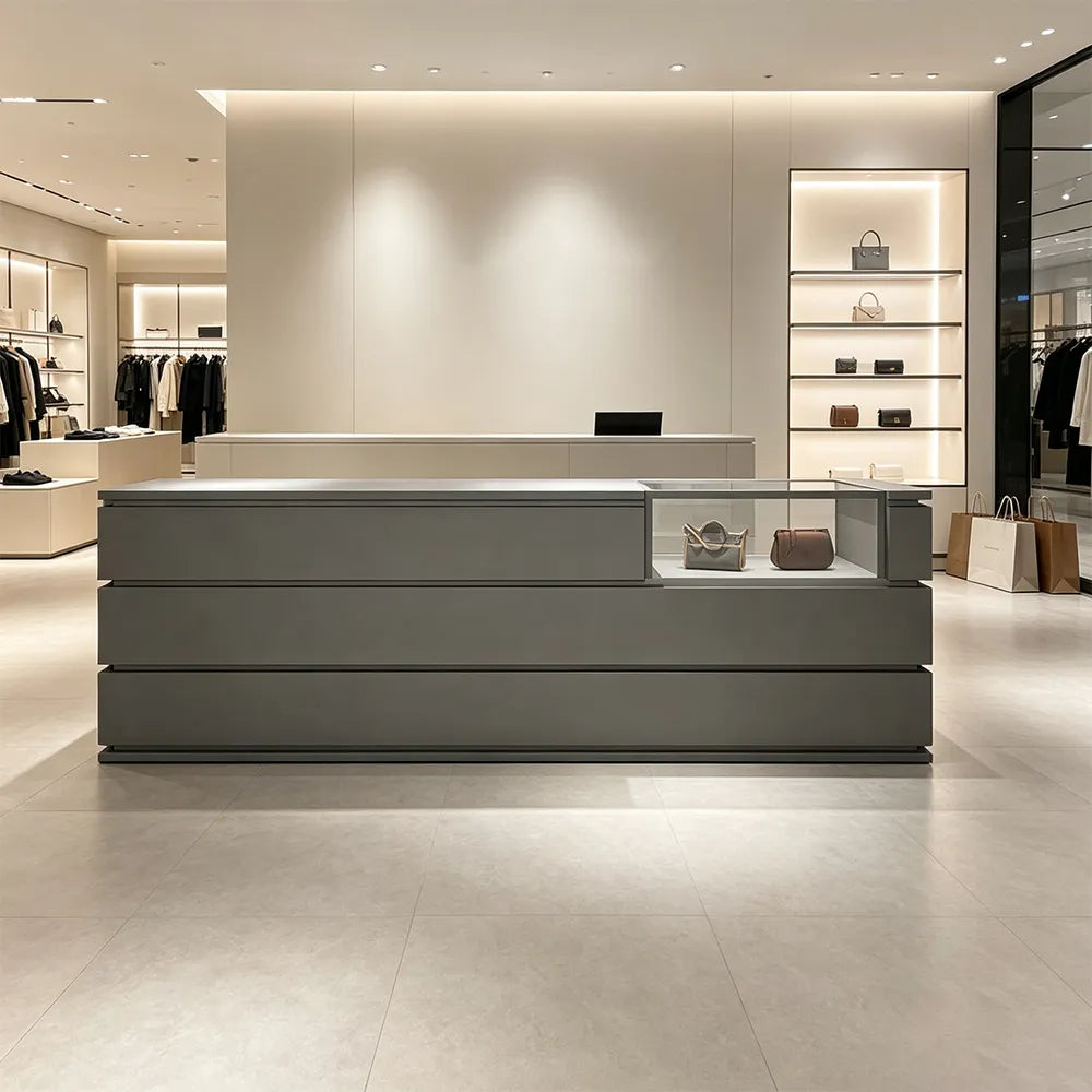 LUXORA 120/180cm Reception Counter with Tempered Glass Display & Storage for Retail Stores - Grey