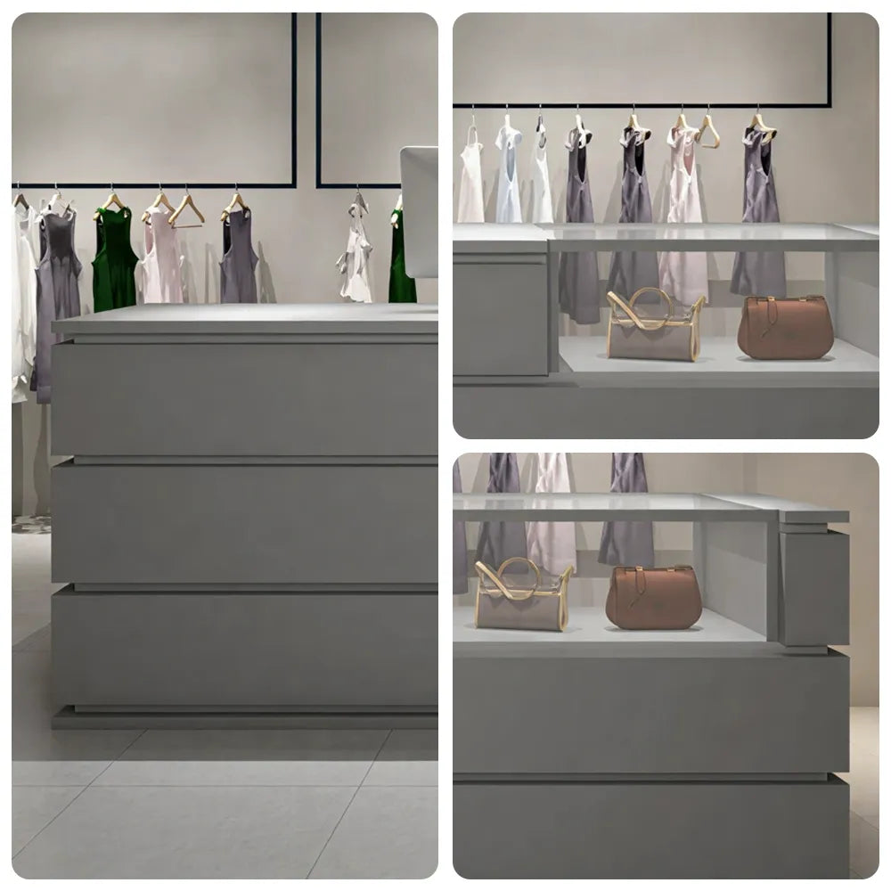 LUXORA 120/180cm Reception Counter with Tempered Glass Display & Storage for Retail Stores - Grey