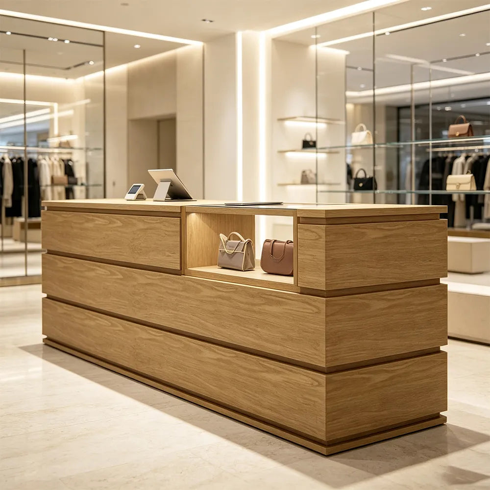LUXORA 120/180cm Reception Counter with Tempered Glass Display & Storage for Retail Stores - Wood