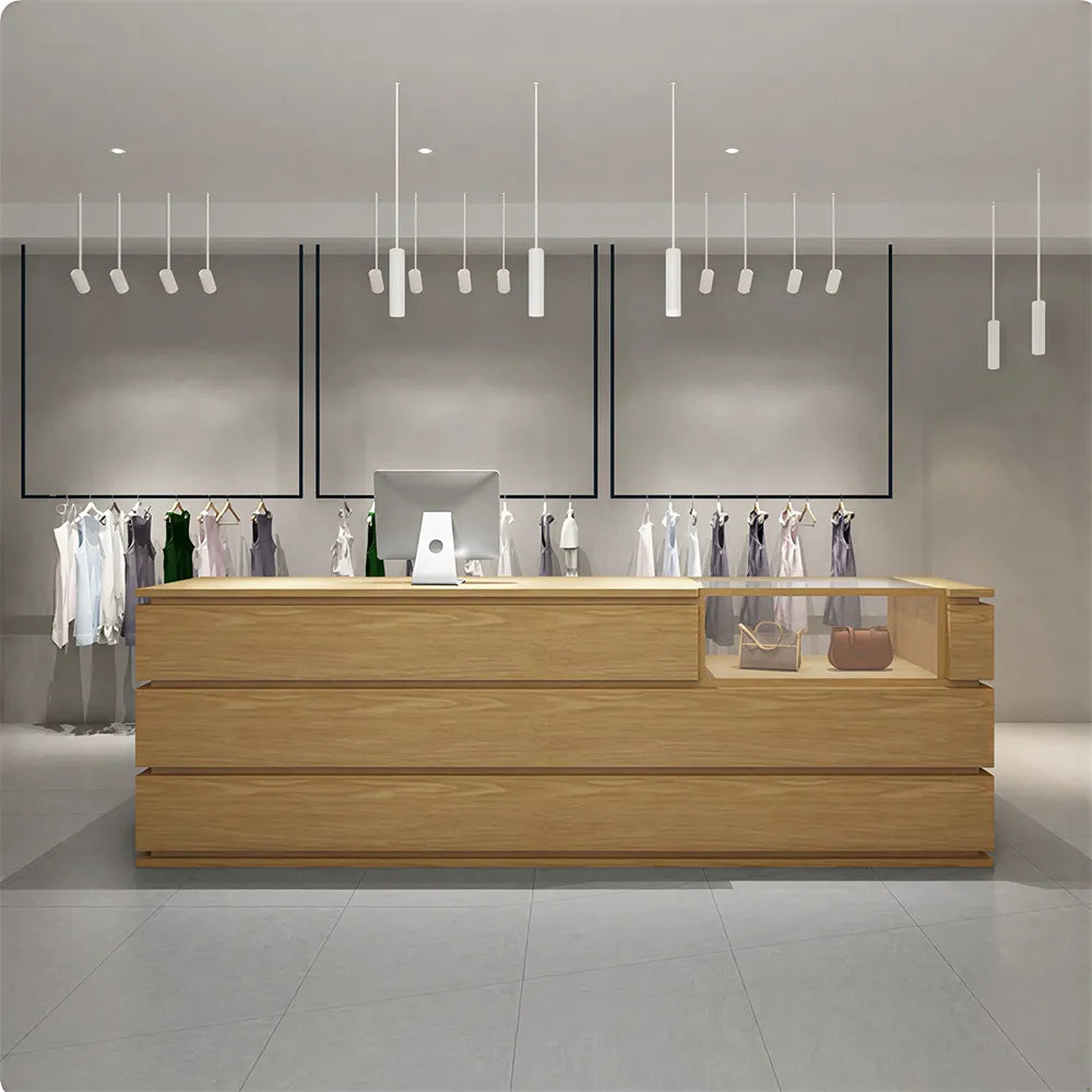LUXORA 120/180cm Reception Counter with Tempered Glass Display & Storage for Retail Stores - Wood
