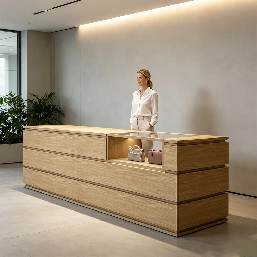 LUXORA 120/180cm Reception Counter with Tempered Glass Display & Storage for Retail Stores - Wood